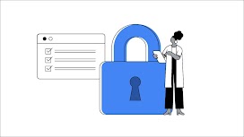 a woman wearing hair in a bun and reading a notepad stands next to an oversized blue padlock and a computer window, showing three tick boxes