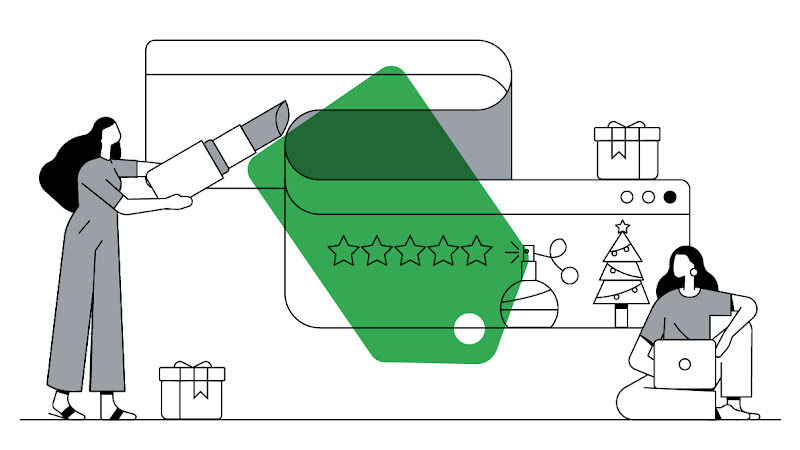 Una mujer de pie sujeta un gran pintalabios que señala un navegador donde se ven elementos de Navidad y regalos junto a su valoración, otra mujer está sentada a la derecha mirando su portátil.