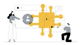Una mujer de pie, de pelo largo negro y piel clara, junto a un hombre arrodillado, de pelo corto negro y piel clara, señalan dos ventanas emergentes, con el icono de una persona y líneas de crecimiento, sobre ellos un gran chip de color amarillo que repre