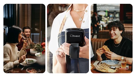 A collage of three images illustrating the dining experience: a couple enjoying a meal and wine, a close-up of a server holding a Toast handheld point-of-sale device, and a happy customer eating at a restaurant.