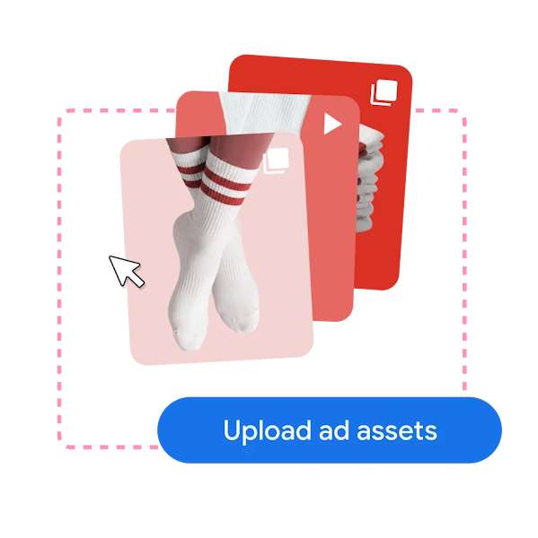 Interface for uploading ad assets, featuring lifestyle images of athletic socks and a blue 'Upload ad assets' button.