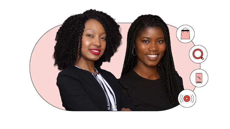 Headshot of Zanele Matlala, YouTube lead for Africa, and Eunice Worifah,  analytical lead at Google, against a pink background. To the right, four circular icons with red outlines: a shopping bag, a magnifying glass, a cellphone, and a broadcast symbol.