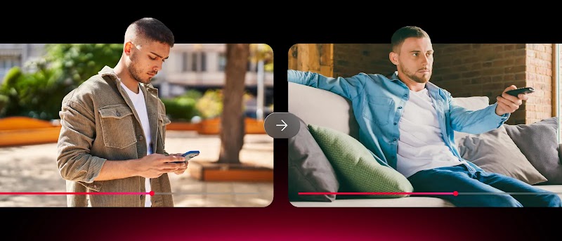 Un ragazzo usa lo smartphone in piedi all'aperto (postura lean forward) affiancato a un ragazzo rilassato sul divano di casa che usa il telecomando per guardare la TV (postura lean back), separati da una freccia.