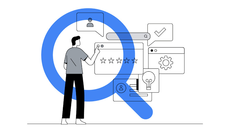 Una ilustración muestra a un hombre de espaldas señalando una ventana de navegación con estrellas de review, alrededor emergen más ventanas con elementos de búsqueda, medición y ROI, por encima una gran lupa azul.
