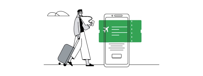 Un joven que escucha música arrastra una maleta. A su derecha, un dispositivo móvil con un ticket de avión en color verde.