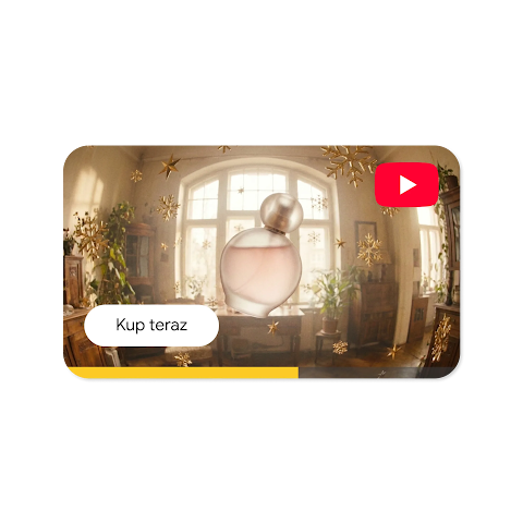 Reklama wideo na YouTube jasnoróżowego flakonu perfum z przyciskiem Kup teraz.