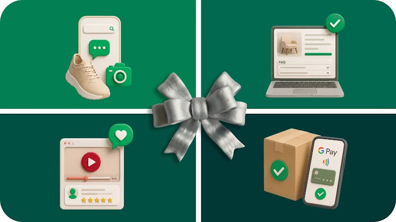 Four modules wrapped with a bow have clay-like, AI-enhanced illustrations in each section: a mobile search for running shoes, an online listing for furniture, a YouTube video and comments section, and a phone with Google Pay next to a package.