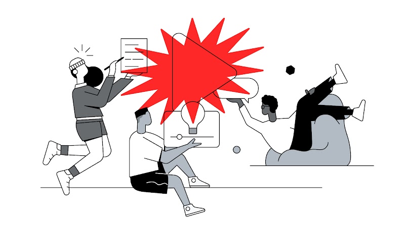 Uma pessoa branca e cabelo comprido e touca escreve um texto. Outra pessoa, de cabelo curto e shorts, vê um vídeo e tem uma ideia. Uma terceira pessoa, negra e de cabelo curto, conversa. O que as conecta é símbolo do YouTube.