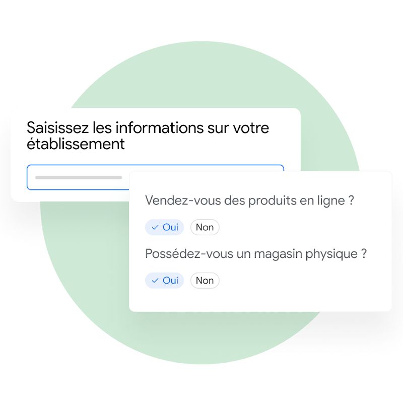 Interface montrant les questions auxquelles un utilisateur est invité à répondre sur son établissement dans Merchant Center.