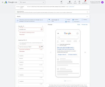 A headline field in Google Ads highlighted with an editorial policy warning and a link to fix the issue.