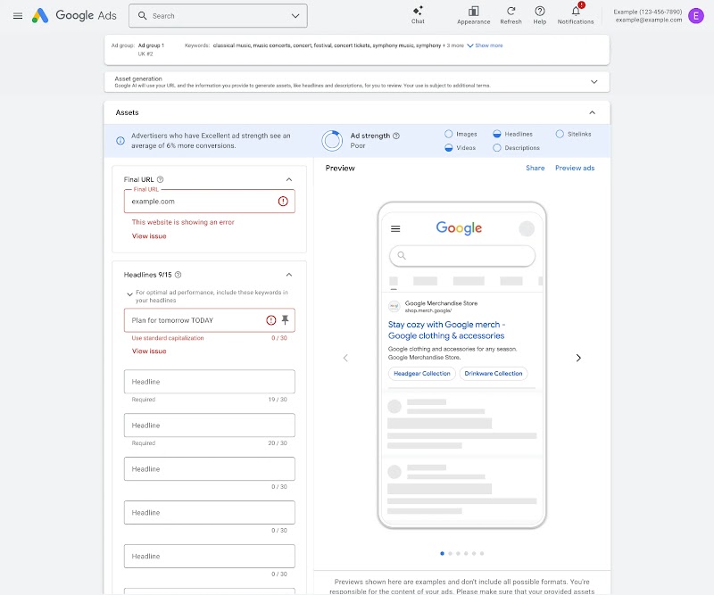 A headline field in Google Ads highlighted with an editorial policy warning and a link to fix the issue.