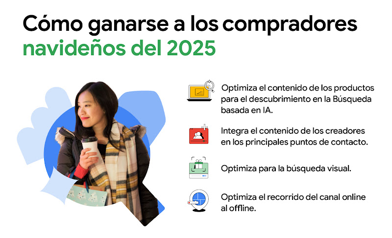 Una lista con iconos para cada elemento llamada "Cómo ganarse a los compradores navideños del 2025": optimiza el contenido de los productos para que se puedan descubrir mediante la Búsqueda basada en IA y la búsqueda visual; integra el contenido de creado