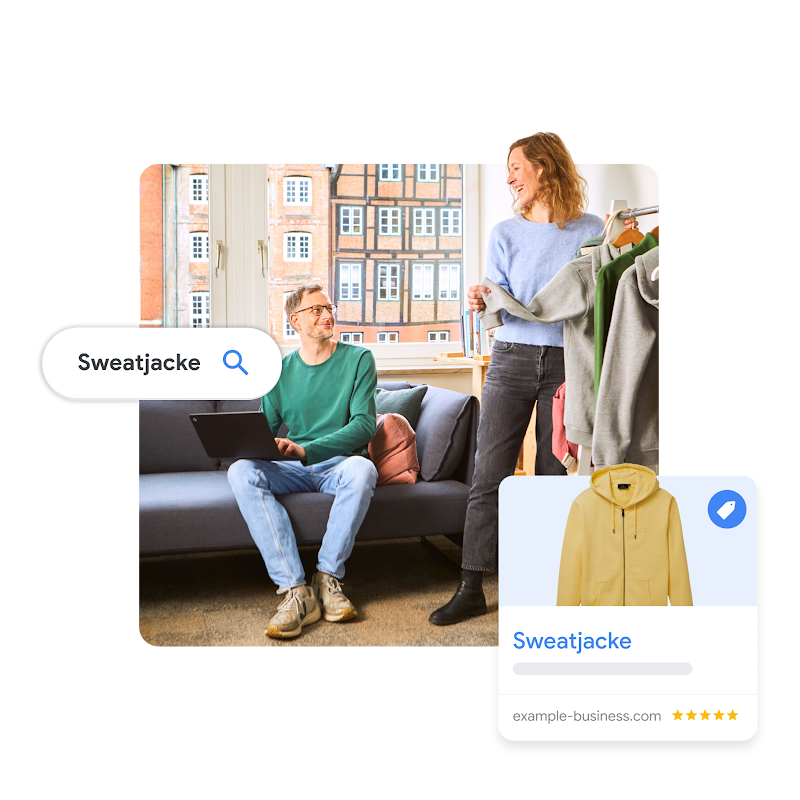 Ein Mann und eine Frau steht im Büro von Avocadostore. Sie ist von einem Beispiel eines Shopping-Anzeigentyps umgeben.