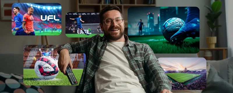 A smiling man in a plaid shirt sits on a couch holding a remote control. Floating around him are five digital screen snippets showcasing gameplay, branded soccer balls, and stadiums from the "UFL" soccer video game.