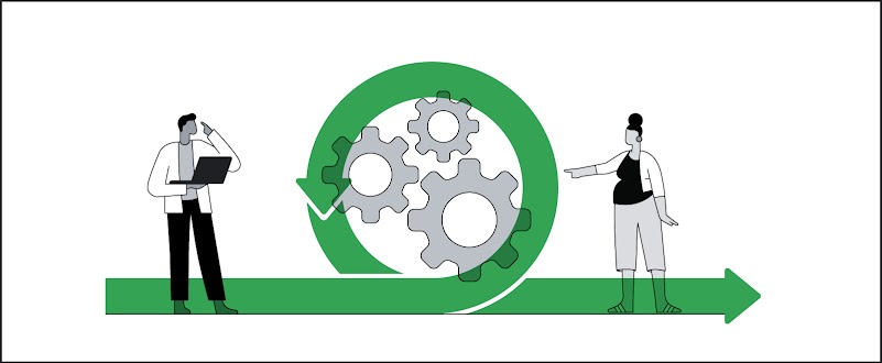 Due persone nere, in abiti professionali casual, decidono le strategie di marketing digitale della propria azienda, rappresentate da un insieme di ingranaggi.