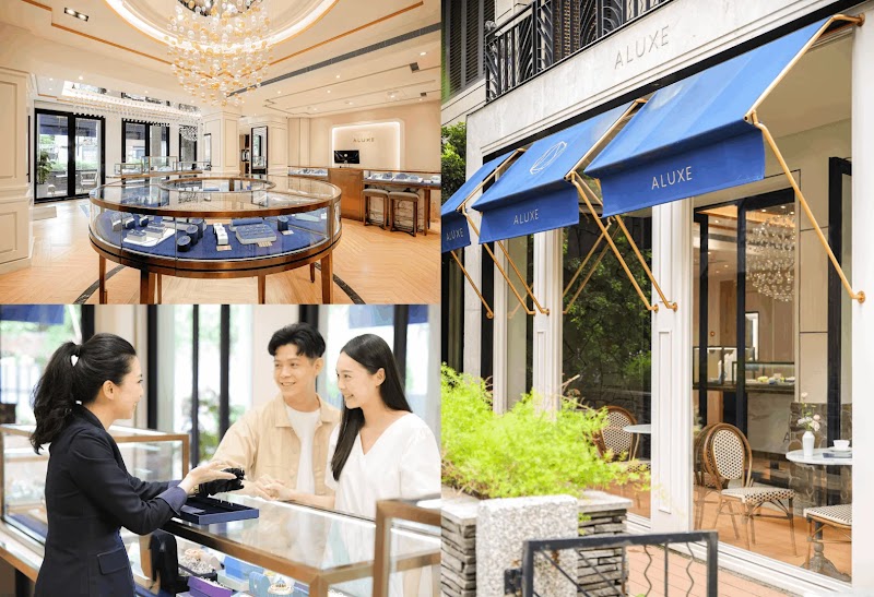 台灣鑽石飾品品牌亞立詩 ALUXE 國際市場拓展，展示門市服務與品牌設計。左圖為品牌旗艦店內部，米色系設計搭配水晶吊燈與珠寶展示櫃；右圖為戶外用餐空間，藍色遮陽傘、柳編座椅，顧客接待員為客人服務。