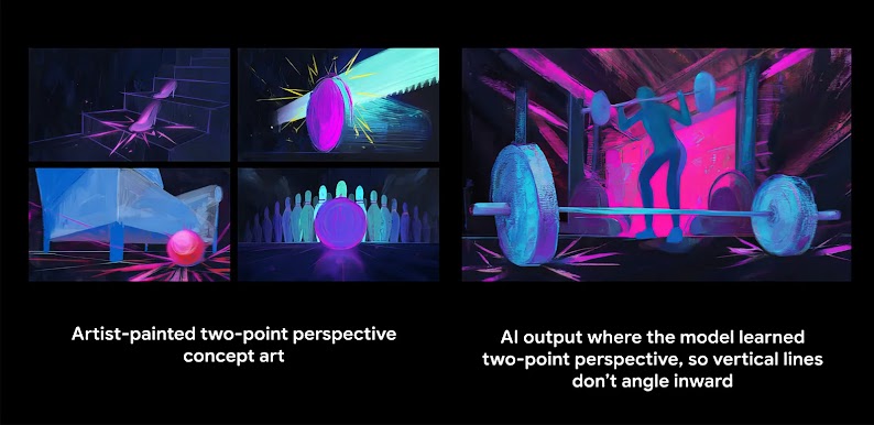 Side-by-side illustrations show concept art, in black and neon colors, made by a human artist and an AI model. The artist’s work shows a bowling ball rolling under furniture and striking pins. The AI rendering depicts a barbell and a person using one.