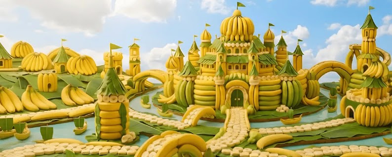 Una imagen sorprendente generada por IA, en la que aparecen un castillo, canales y puentes hechos de plátanos amarillos y verdes, muestra las capacidades creativas de Nano Banana Pro.