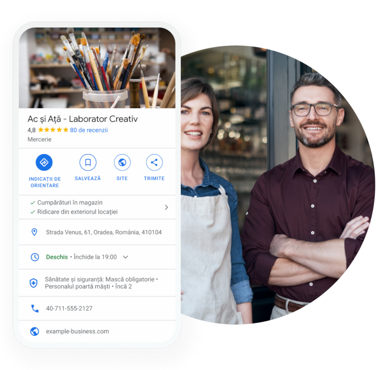 Imagine cu Profilul unei companii care se ocupă de comerț cu amănuntul pe un afișaj mobil, cu numele companiei, adresa, programul de lucru, recomandări privind sănătatea și siguranța, numărul de telefon și adresa URL a site-ului.