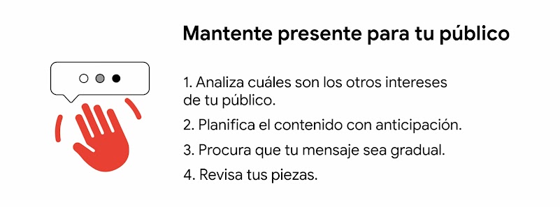 Una mano que se mueve de izquierda a derecha a modo de saludo. Al lado, 4 claves sobre cómo hacerse presente para tu público.