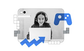 A browser window displaying a woman in headphones smiling as she plays games on her laptop, with tetris blocks, a game controller and an upward trending arrow around her, representing how H5 games improve user experience, engagement, and revenue.