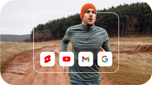 A runner with icons framed above him to represent the reach of Demand Gen.