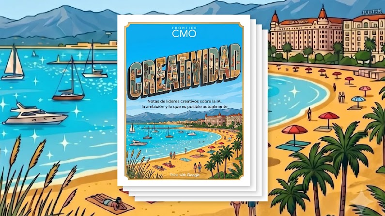 Ilustración de una playa costera con palmeras y barcos. En el centro, una portada con el texto "FRONTIER CMO", la palabra "CREATIVIDAD" en letras grandes y la frase "Notas de líderes creativos sobre la IA, la ambición y lo que es posible actualmente".