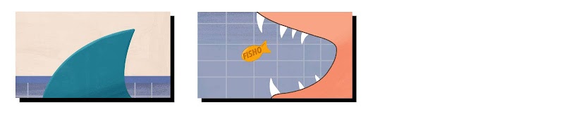 Due fermoimmagine video illustrati: uno mostra un primo piano di una pinna di squalo verde acqua davanti a un bancone di cucina. Il secondo mostra una vista ingrandita di un cane che si allunga per mangiare uno snack Fishos mentre entra nella sua bocca.