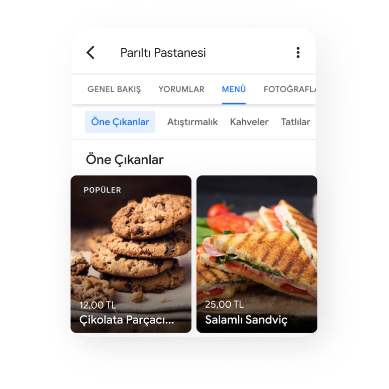 Sipariş teslim alma ve adrese teslim sipariş düğmelerinin öne çıkarıldığı bir İşletme Profilinin mobil cihazdaki görünümünün resmi