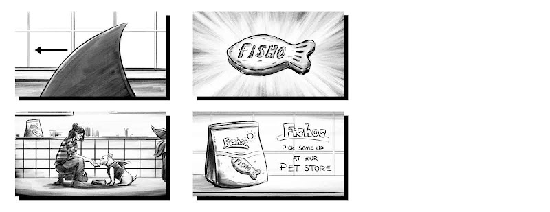 Guion gráfico con cuatro cuadros para el anuncio de Fishos. En el primero, la aleta de un tiburón. En el segundo, un snack para perros. En el tercero, una persona dándole un Fishos a su perro. En el cuarto, el paquete de Fishos.