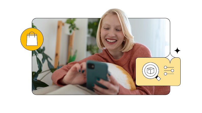 Eine lächelnde blonde Frau blickt auf ihr Smartphone, umrahmt von gelben Icons für Einkaufstasche, Paketverfolgung und Optionen.