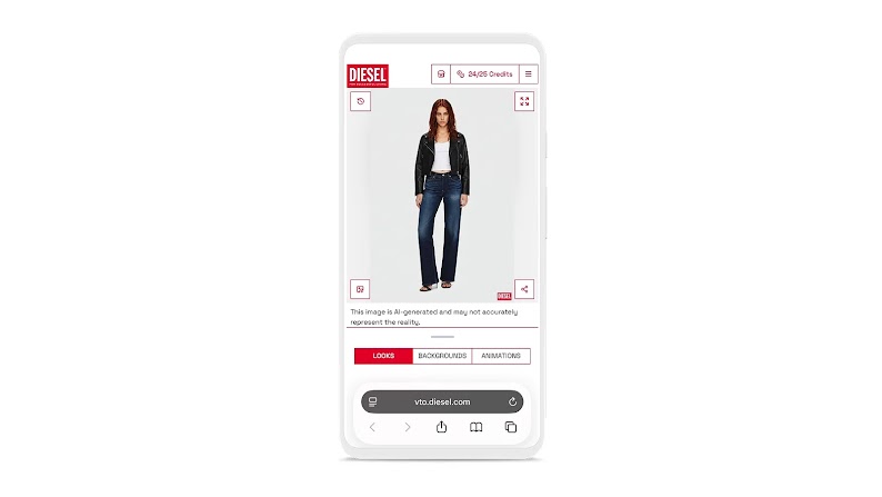 Sito mobile Diesel con prova virtuale di abbigliamento tramite modella generata dall'AI. L'interfaccia include opzioni di personalizzazione e un disclaimer sulla natura artificiale dell'immagine.