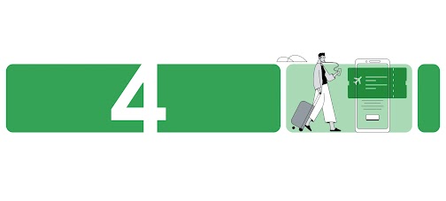 Un joven que escucha música arrastra una maleta. A su derecha, un dispositivo móvil con un ticket de avión en color verde.