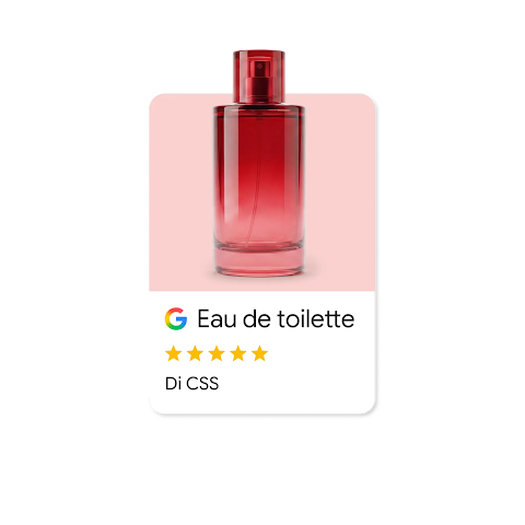 Annuncio di ricerca Google di una boccetta di profumo rossa denominata: "Eau de toilette" e recensione a 5 stelle.