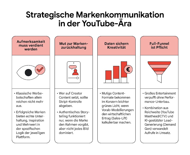 Infografik zur „Strategischen Markenkommunikation in der YouTube-Ära“ mit vier Säulen: Aufmerksamkeit verdienen, Mut zur Markenzurückhaltung, Datenabsicherung und Full-Funnel-Ansatz.
