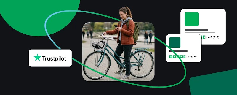 A woman stands with a teal bicycle on a path while looking at her phone. The photo is surrounded by graphic elements on a dark background, including the Trustpilot logo and two review cards showing a 4.5 (310) rating.