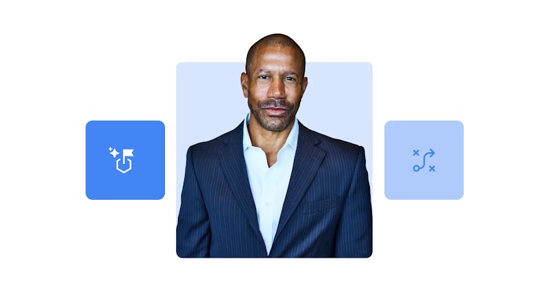 Google executive Torrence Boone appears in a dark blue suit jacket and a white collared shirt between two blue icons, representing a flag in a hole and a football play. Boone has medium-dark skin and cropped black hair with a slight beard.