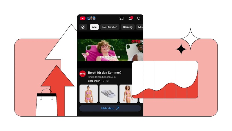 Grafik zum Thema E-Commerce: Ein Smartphone zeigt eine YouTube-Werbeanzeige von Otto. Umrahmt wird das Display von Erfolgssymbolen wie einem roten Aufwärtspfeil, einer Einkaufstasche und einem ansteigenden Liniendiagramm.