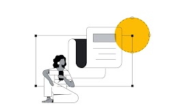 A creative marketer, who has dark curly hair and dark skin and wears a white top with black stripes and white pants, reads the Open Creative Project report on a mobile device.