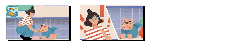 En la primera imagen aparece una bolsa de Fishos en una encimera de cocina. Una mujer se agacha para darle una golosina Fishos a su perrito, que lleva un disfraz de tiburón. En la segunda imagen aparece una pantalla dividida en dos: a la izquierda está la