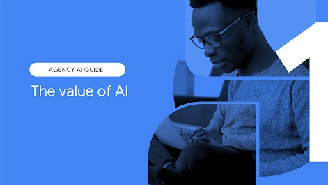 Agency AI guide. Chapter 1: The value of AI. A person with dark skin, short hair, and glasses sits cross-legged while typing on a laptop.