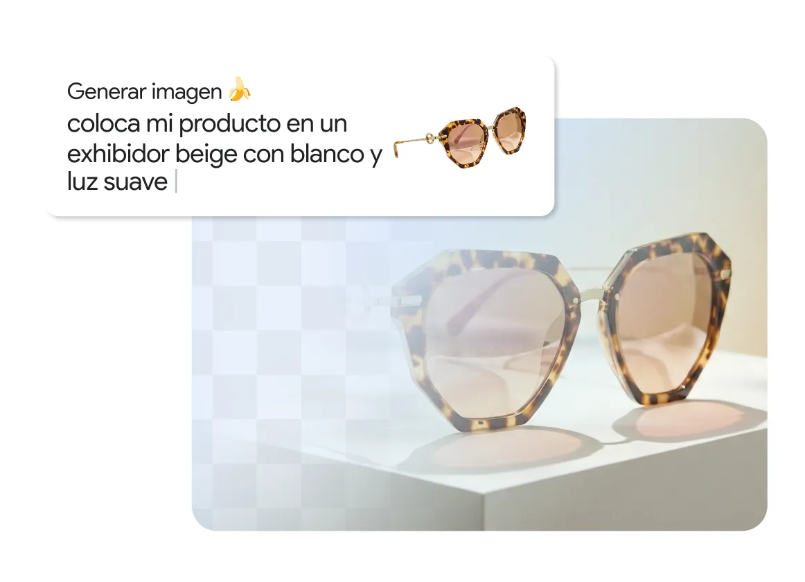 Captura de pantalla que muestra un campo de texto para generación de imágenes con IA con la instrucción: “Generar imagen: coloca mi producto en un exhibidor beige con blanco y luz suave”, junto con la foto de unos lentes de sol de carey presentados en un pedestal blanco minimalista sobre un fondo beige suave con iluminación sutil.