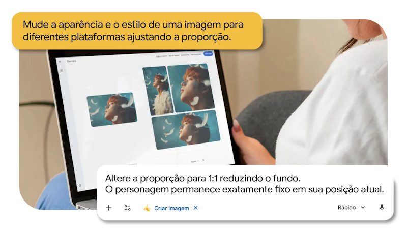 Imagem de uma usuária do Nano Banana utilizando a ferramenta de IA para alterar proporção de uma mesma imagem.