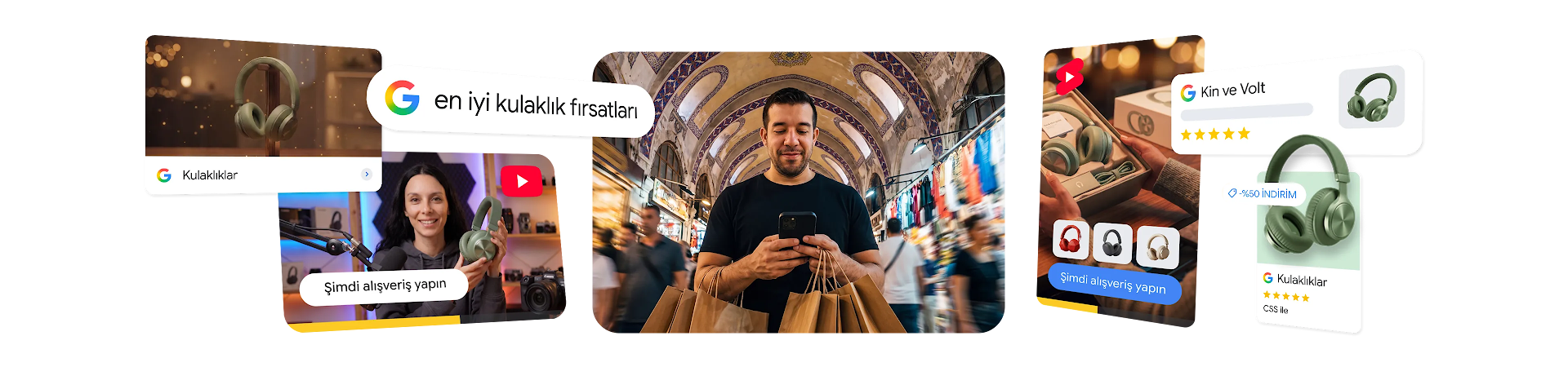 Kış pazarında akıllı telefon kullanan bir kişinin yer aldığı; "En iyi kulaklık fırsatları" yazan dijital Google Arama çubuğu, YouTube, YouTube Shorts ve yeşil kulaklıklar için Google Alışveriş Reklamları ile çevrili bir tatil alışveriş yolculuğunu gösteren dijital kolaj.