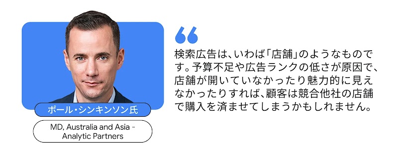 ポール・シンキンソン氏（MD, Australia and Asia - Analytic Partners）。検索広告は、いわば「店舗」のようなものです。予算不足や広告ランクの低さが原因で、店舗が開いていなかったり魅力的に見えなかったりすれば、顧客は競合他社の店舗で購入を済ませてしまうかもしれません。