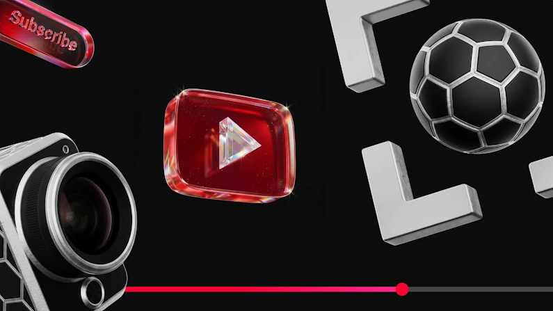Translucent red and silver icons, including a camera, a soccer ball, and a YouTube play button, float against a black background above YouTube video progress bar running along the bottom.