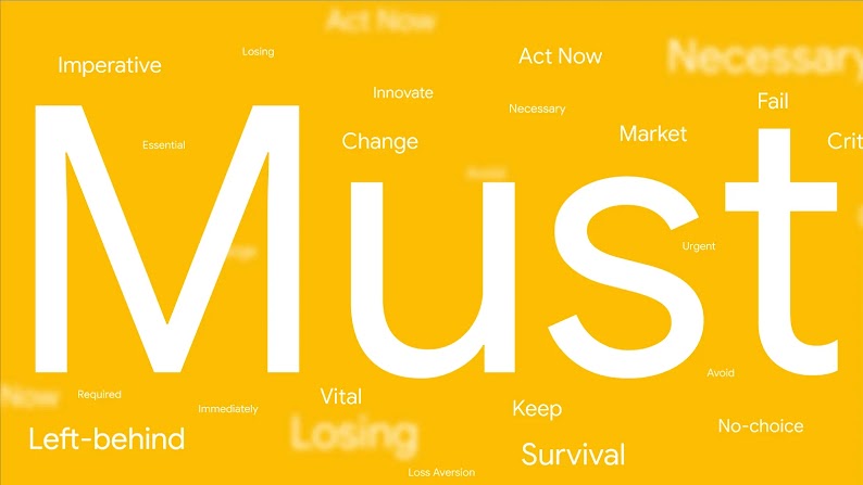 A word cloud, featuring “must” in a large font, and in a smaller font, words such as: left-behind, survival, no choice, necessary, act now, change, imperative, and vital.