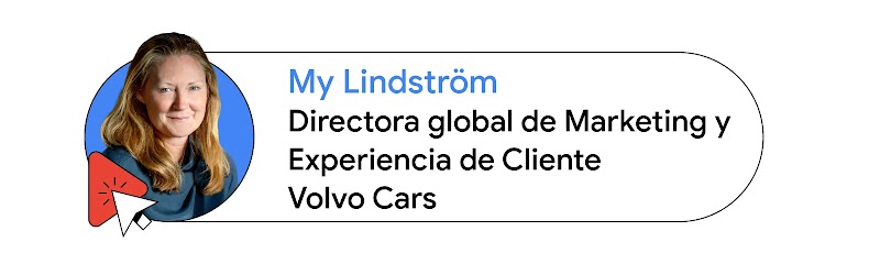 My Lindström, directora global de Marketing y Experiencia de Cliente de Volvo Cars, aparece dentro de un círculo azul y lleva una camiseta negra. Tiene la piel clara y el pelo rubio y largo. En la parte inferior izquierda de la foto aparece un botón de re