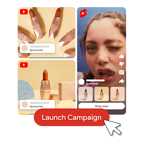 Graphic with the word "that." followed by a grid of three lifestyle images: a woman winking and two product shots of lipstick. At the bottom, a cursor clicks a red "Launch Campaign" button.
