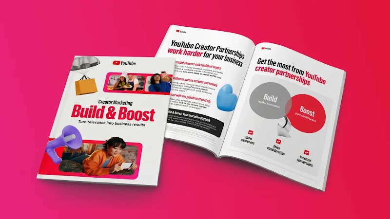 The YouTube Creator Marketing Build & Boost playbook appears twice on a bright red background. A closed book shows the cover, and an open spread reads, YouTube creator partnerships work harder for your business.